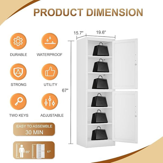 Tall Metal Narrow Bathroom Storage Locker Cabinet 67" H, Tall White Pantry Cabinets with 4 Adjustable Shelves and 2 Lockable Doors for Kitchen, Home Office, Living Room, Dining Room