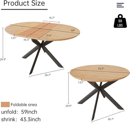 HIPIHOM 43.2"-59.1" Extendable Round Dining Table | Mid century modern oak finish, MDF board, space saving design, for 4-6 person, kitchen & coffee table
