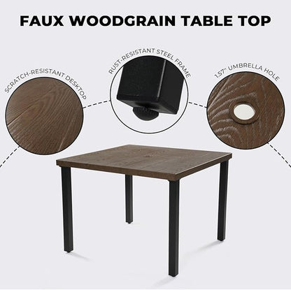 Grand patio 5-Piece Patio Dining Set for 4, E-Coated Outdoor Dining Set Swivel Patio Dining Chairs with Olefin Cushions & 1 Brown Square Faux Woodgrain Dining Table with 1.5”Market Umbrella Hole