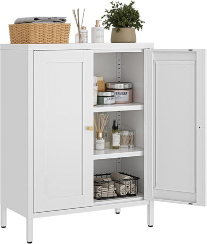 Small Metal Storage Cabinet,23.6 Inch Wide 11.8 Inch Deep,Bathroom Cabinet with Adjustable Shelves,3-Tier 31.5" Tall Shaker Cabinet for Kitchen Entryway Living Room,White
