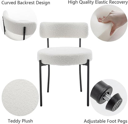 Cinxzar White Boucle Dining Chairs Set of 2, Upholstered Dining Room Chairs with Black Metal Legs, Round Modern Dining Chair for Dining Room, Kitchen