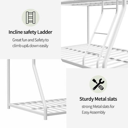EMKK Twin Over Full Bunk Bed Metal Bunk Beds for Teens Adults, Heavy Duty, Twin Over Full Size Bunk Beds with Ladder & Safety Guardrails,No Box Spring Needed,Easy to Assemble,White