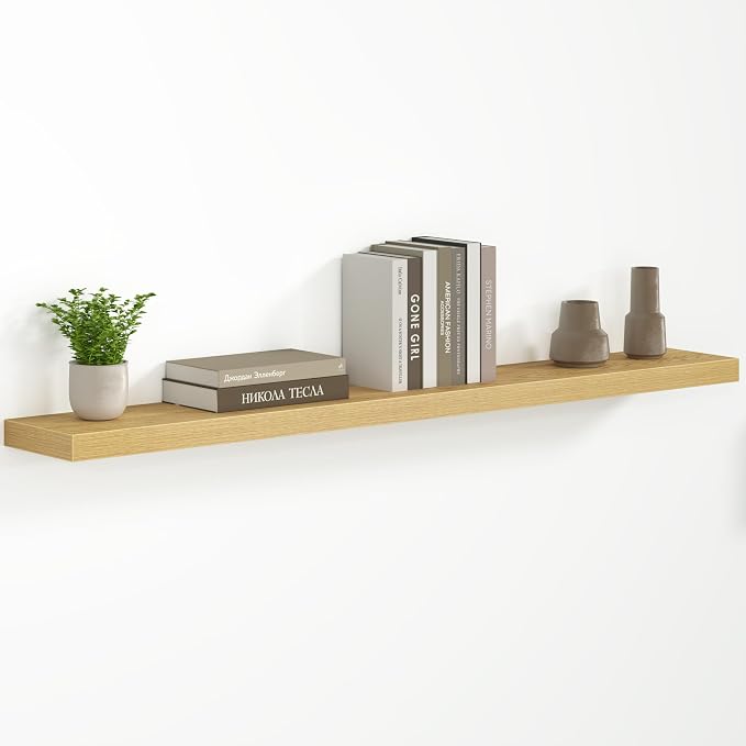 Fun Memories 55 Inch Floating Shelves - Fireplace Mantel Shelf - Deep Wall Mounted Wood Storage Shelf for Bedroom, Kitchen, Farmhouse - 1 Pack, Oak