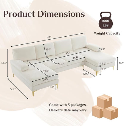 Karl home Convertible Sectional Sofa 110" U-Shape Sofa Couch 4-Seat Couch with Chaise ChenilleFabric Upholstered for Living Room, Apartment, Office, Creamy White