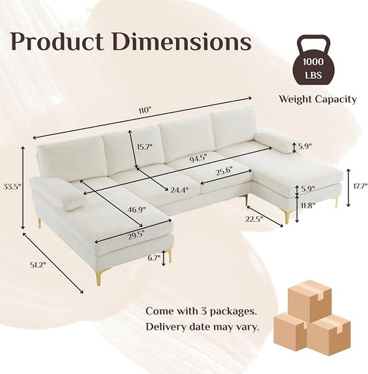 Karl home Convertible Sectional Sofa 110" U-Shape Sofa Couch 4-Seat Couch with Chaise ChenilleFabric Upholstered for Living Room, Apartment, Office, Creamy White