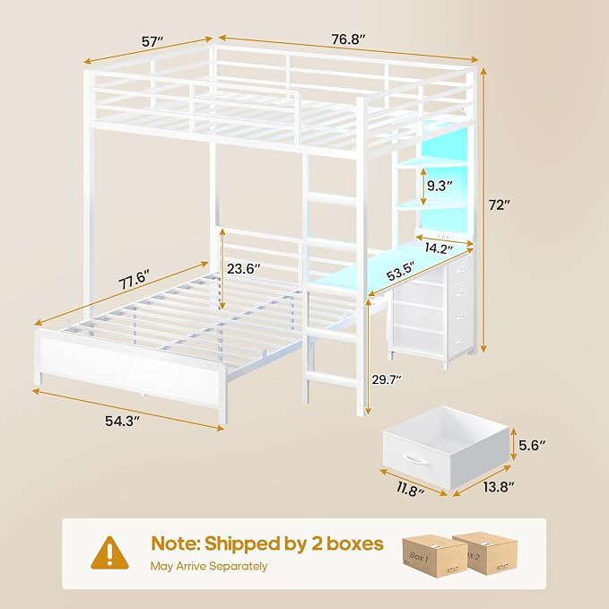 ADORNEVE Bunk Bed with Desk, Full Over Full Bunk Beds with Charging Station & Led Lights, 4 Storage Drawers & 2 Open Storage Shelves, Metal Loft Bed with Safety Guardrail & Ladder for Kids/Teen, White