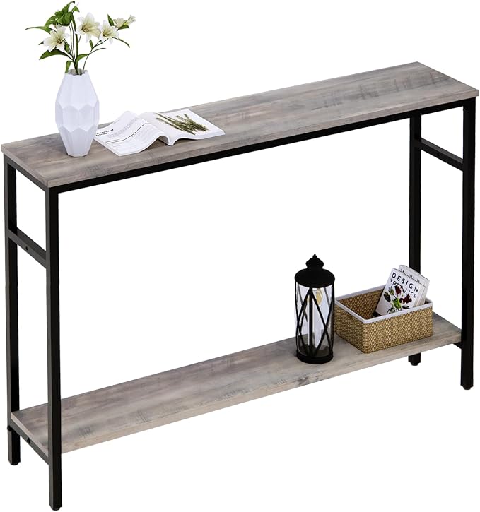 Timberer Narrow Console Table, 47 Inch Sofa Table with Adjustable Shelf, 2-Tier Long Skinny Table for Hallway, Entryway, Living Room, Foyer, Grey