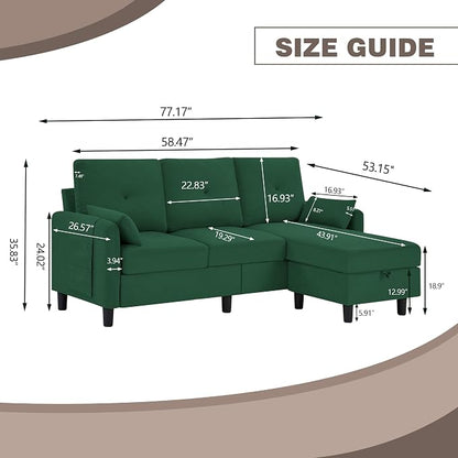 Convertible L-Shaped Sectional Sofa, 3-Seat Sofa Couches with Storage Ottoman & 2 Pillows and Side Storage Pockage, Small Modern Couch for Living Room, Apartment and Office, Green