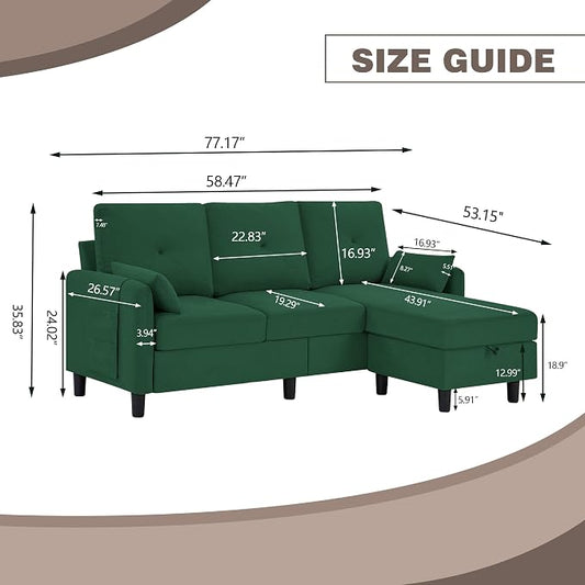 Convertible L-Shaped Sectional Sofa, 3-Seat Sofa Couches with Storage Ottoman & 2 Pillows and Side Storage Pockage, Small Modern Couch for Living Room, Apartment and Office, Green