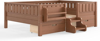 Bellemave Full Size Montessori Bed with Stairs, Safety Guardrails and Slats, Full Size Montessori Bed with Bookshelf and 2 Storage Drawers, Low Profile Beds Frame for Kids, Natural Platform Beds