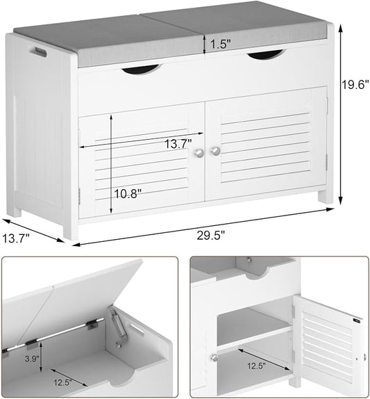 ChooChoo Shoe Storage Bench with Lift Top Storage, Entryway Bench with 2 Cushioned Seats, 3 Compartments, Adjustable Shelf, Shoe Cabinet for Entryway, Bedroom, Living Room, White