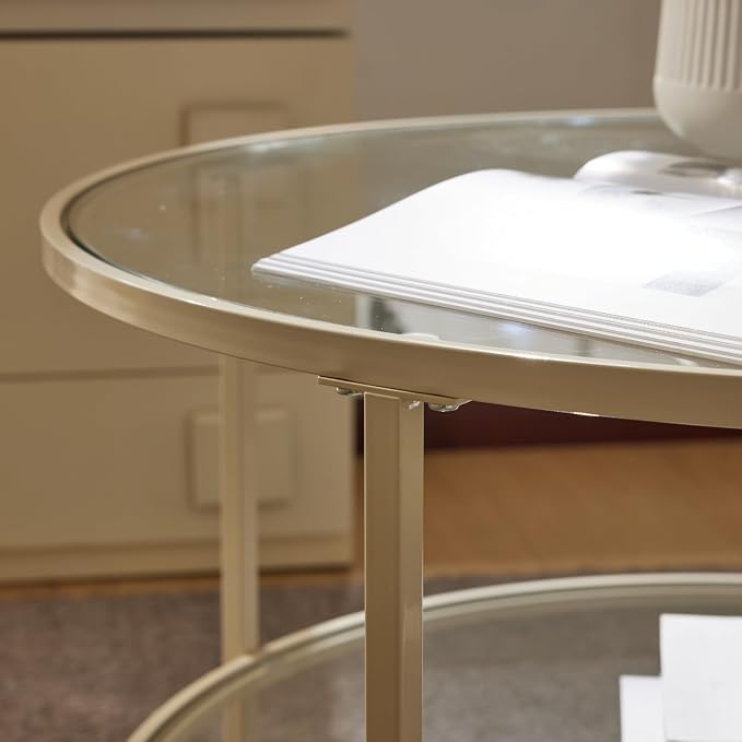 VINGLI Glass Coffee Table, 30" Round Coffee Table, Transparent Glass Coffee Tables for Living Room, 2-Tier Coffee Table with Storage, Modern Center Table with a Beige Frame, Mesa de Centro para Sala