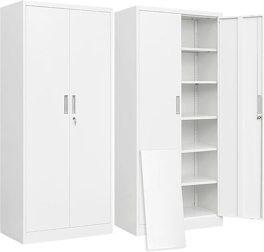BESFUR Metal Storage Cabinet with 2 Doors and 5 Adjustable Shelves Garage Storage Cabinet with Lock 71" Office Storage Cabinets Locking Cabinets for Garage Office Shop Home (White)