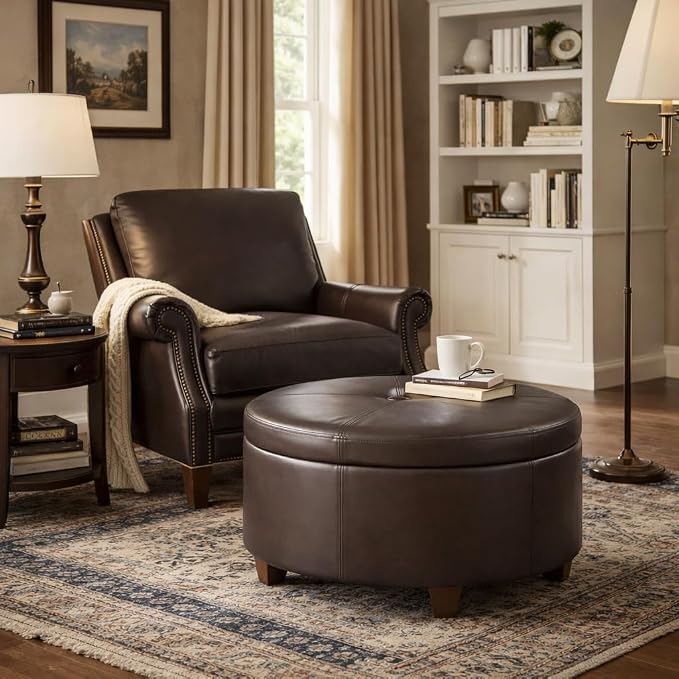 HomePop 32" Large Tufted Round Storage Ottoman - Vintage Brown Faux Leather