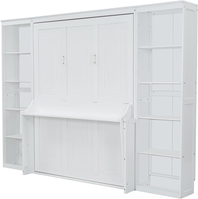 MERITLINE Queen Murphy Bed with Desk and Storage Bookcase,Wood Murphy Wall Bed Cabinet with with Storage Shelves Cabinet for Adults (Queen,White)
