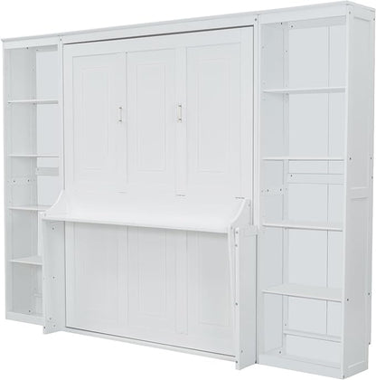 MERITLINE Queen Murphy Bed with Desk and Storage Bookcase,Wood Murphy Wall Bed Cabinet with with Storage Shelves Cabinet for Adults (Queen,White)