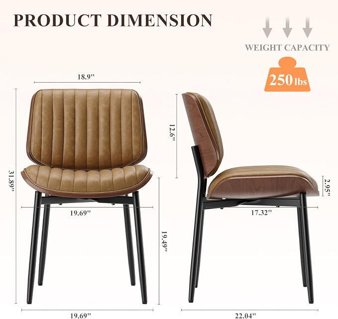 MALOL Leather Dining Chairs Set of 2, Modern Upholstered Dining Room Kitchen Chairs with Metal Legs and Wooden Back Support for Home Dining Room/Restaurant, Light Brown