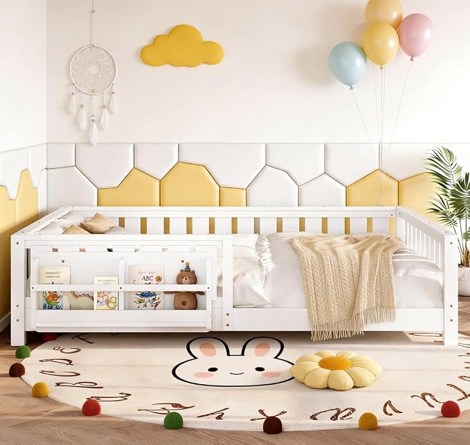 Bellemave Queen Size Floor Bed with high Rails and with Built-in Bookshelf for Kids, Girls, Boys, Wood Montessori Floor Bed Without Door, White
