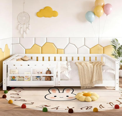 Bellemave Queen Size Floor Bed with high Rails and with Built-in Bookshelf for Kids, Girls, Boys, Wood Montessori Floor Bed Without Door, White