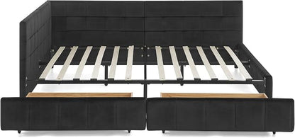 Bellemave Full Size Corner Bed Frame with Storage Drawers, Comfortable Backrest and Armrests, Velvet Tufted Corner Bed Frame Full Size, Upholstered Daybed for Bedroom, Living Room, Guest Room, Black