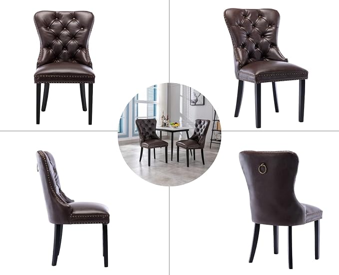 EALSON Modern Dining Chairs Set of 2 Mid Century Leather Dining Room Chairs with Wood Legs Tufted Upholstered Kitchen Side Chairs with Nail Head Trim for Dining Room/Living Room, Coffee with Ring