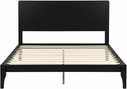 Merax Queen Size Bamboo Platform Bed, Mid-Century Modern Bed Frame with Tall Headboard, Solid Sustainable Bedframe Queen-Size, Wood Slat Support, No Box Spring Needed, Easy Assembly, Noise Free, Black