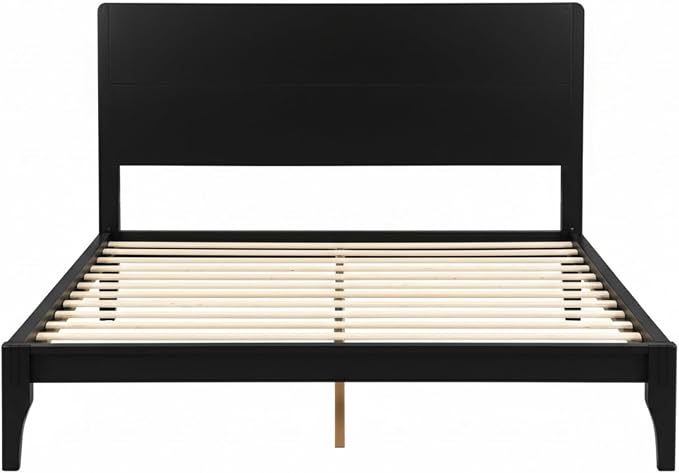 Merax Full Size Bamboo Platform Bed, Mid-Century Modern Bed Frame with Tall Headboard, Solid Sustainable Bedframe Full-Size, Wood Slat Support, No Box Spring Needed, Easy Assembly, Noise Free, Black