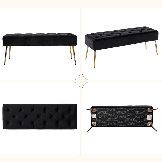DUHOME Button-Tufted Ottoman Bench, Upholstered Bedroom Benches Velvet Footrest Stool Accent Bench for Entryway Dining Room Living Room Bedroom End of Bed, Black