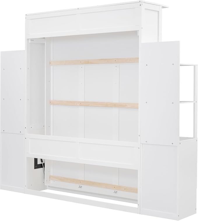 Queen Murphy Bed Cabinet, Space Saving Wall Bed with Storage and Lights | Flexible slats support an 8-inch mattress, while 2 four-layer shelves and 4 drawers help keep essentials organized