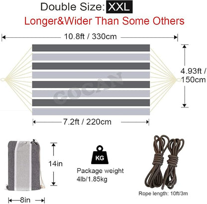 GOCAN Brazilian Double Hammock 2 Person Extra Large Canvas Cotton Hammock for Patio Porch Garden Backyard Lounging Outdoor and Indoor (Gray Stripe)