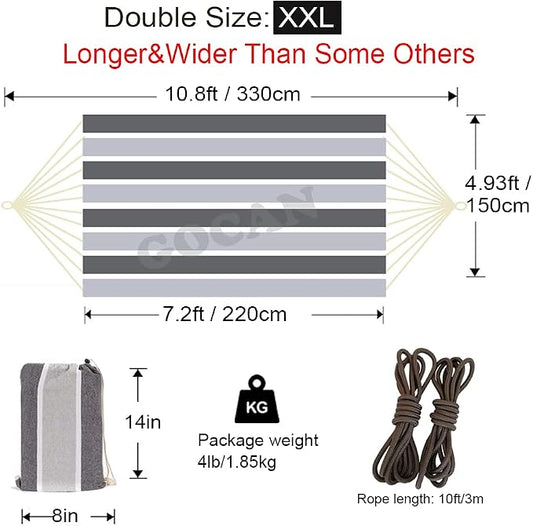 GOCAN Brazilian Double Hammock 2 Person Extra Large Canvas Cotton Hammock for Patio Porch Garden Backyard Lounging Outdoor and Indoor (Gray Stripe)