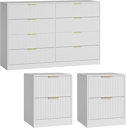 8 Drawer Dresser & Nightstand Set 3-Piece, 55” Wide Fluted Dresser and Night Stand Set of 2 with Metal Handle, Modern Wood Chest of Drawers Storage Dressers Set for Bedroom, White