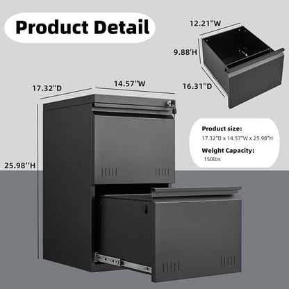 Approgreent 2 Drawer File Cabinets for Home Office, Vertical File Cabinet with Lock, Office Cabinet for A4/Letter/Legal Size, Under Desk Filing Cabinet, Assembly Required(Black)