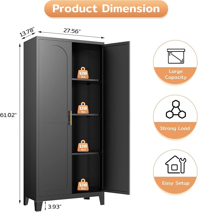 Zevemomo 61" H Metal Kitchen Pantry Cabinet, Freestanding Cupboard with 2 Doors and 3 Adjustable Shelves, Tall Metal Storage Cabinet for Kitchen, Bathroom, Dinning Room or Laundry Room （Black）