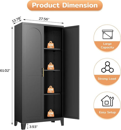 Zevemomo 61" H Metal Kitchen Pantry Cabinet, Freestanding Cupboard with 2 Doors and 3 Adjustable Shelves, Tall Metal Storage Cabinet for Kitchen, Bathroom, Dinning Room or Laundry Room （Black）