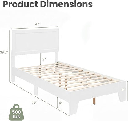 Giantex Twin Size Wooden Bed Frame with Headboard, Wood Slat Support | Modern Platform Bed with Heavy Duty Mattress Foundation, Under-Bed Storage, No Box Spring Needed, Easy Assembly (White)