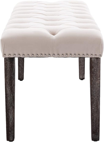 KCC Button-Tufted Ottoman Bench, Upholstered Bedroom Benches Velvet Footrest Stool Accent Bench for Entryway Dining Room Living Room Bedroom End of Bed, Beige