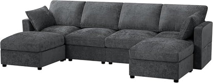 110” Chenille 4-Seats Sofa W/Two Movable Ottomans, Grey | Modern Fabric U-Shaped Couch w/Soft Backrests, Upholstered Sectional Sofa w/Arm Pillows for Living Room, Office