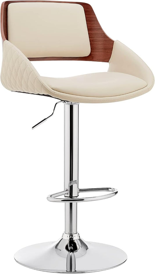 Armen Living Colby Modern Adjustable Height Swivel Cream Faux Leather and Walnut Wood Bar Stool with Chrome Base for Kitchen Island Counter