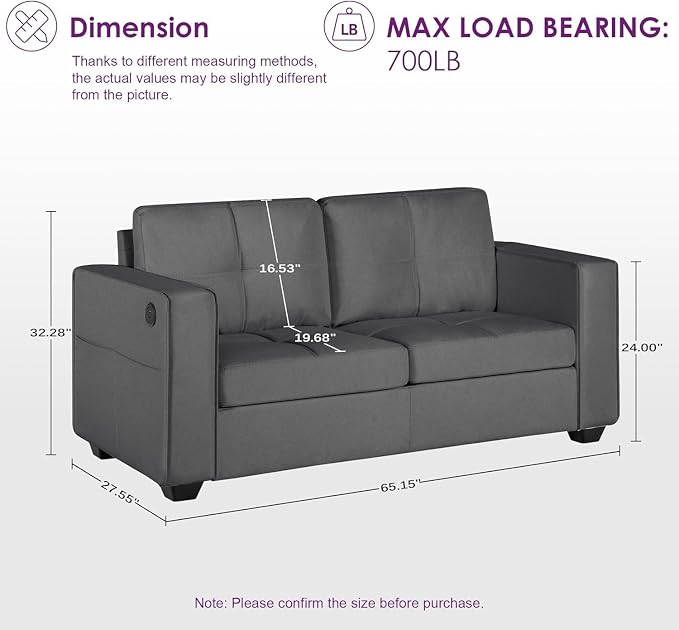 TYBOATLE 65" Small Couches for Bedroom, Mid-Century Modern Tufted Comfy Loveseat w/USB Charging Ports and Wide Arms, 2 Seater Small Office Sofa for Dorm, Apartment, Grey