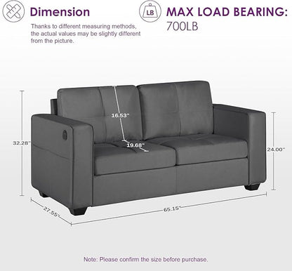 TYBOATLE 65" Small Couches for Bedroom, Mid-Century Modern Tufted Comfy Loveseat w/USB Charging Ports and Wide Arms, 2 Seater Small Office Sofa for Dorm, Apartment, Grey