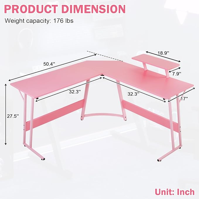 51 Inch L Shaped Gaming Desk Corner Computer Desk with Detachable Monitor Stand for Home Office Learning Gaming Workstation,Pink