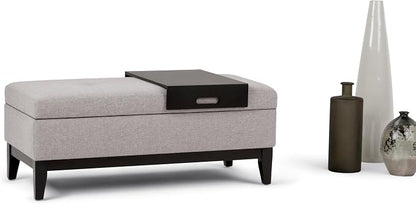 SIMPLIHOME Oregon Storage Ottoman Bench with Tray - 42 inch Wide Upholstered Linen Look Fabric Rectangle Storage Ottoman Bench in Cloud Grey, Transitional Tufted Ottoman for Living Room with Lift Top