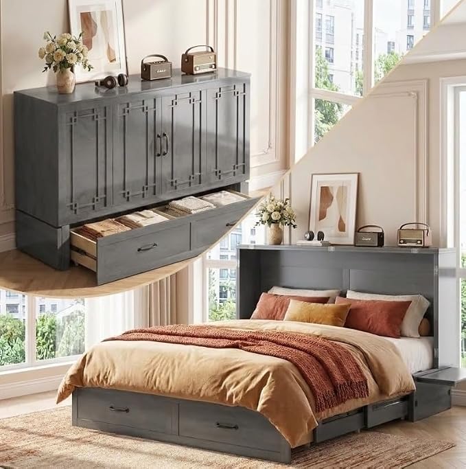 PUREMIND Queen Murphy Bed, Solid Wood Multi-Functional Cabinet Bed with Storage Drawer, USB Charging Ports and Folding Tray, Space Saving Hideaway Murphy Beds Cabinet for Guest Room, No Mattress