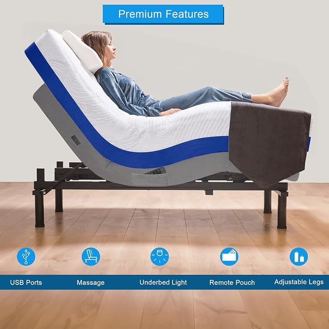 Premium Full Adjustable Bed with 14 Inch Prime Gel Memory Foam Sleep System, Massage, Zero Gravity, Anti-Snore, Programmable Memory Positions, USB, Underbed Lighting, Zero Clearance