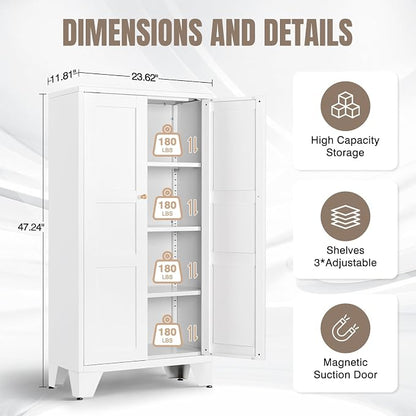 Yizosh Metal Storage Cabinet with Doors and 3 Adjustable Shelves - 47" White Kitchen Pantry Storage Cabinet Locker for Kitchen,Living Room,Dining Room