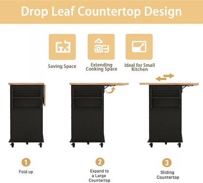 59 Kitchen Island Cart with Drop Leaf Breakfast Bar, Rolling Mobile Kitchen Island Table on Wheels with Storage Cabinet, Drawer, Spice/Towel Rack, Black
