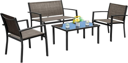Devoko 4 Pieces Patio Furniture Set Outdoor Garden Patio Conversation Sets Poolside Lawn Chairs with Glass Coffee Table Porch Furniture (Brown)