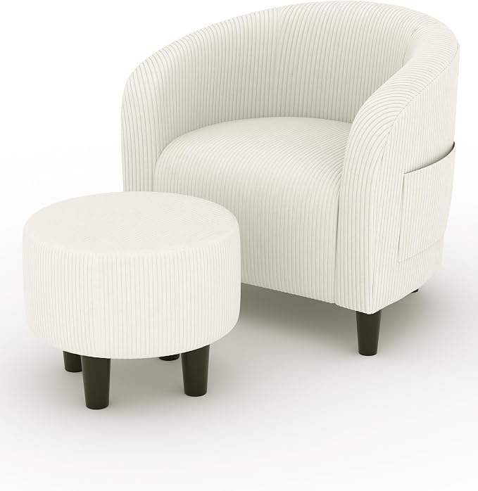GarveeHome Accent Chair with Ottoman, Corduroy Barrel Chair for Living Room, Comfy Armchair with Footrest for Small Spaces, Reading Nook Chair, Beige