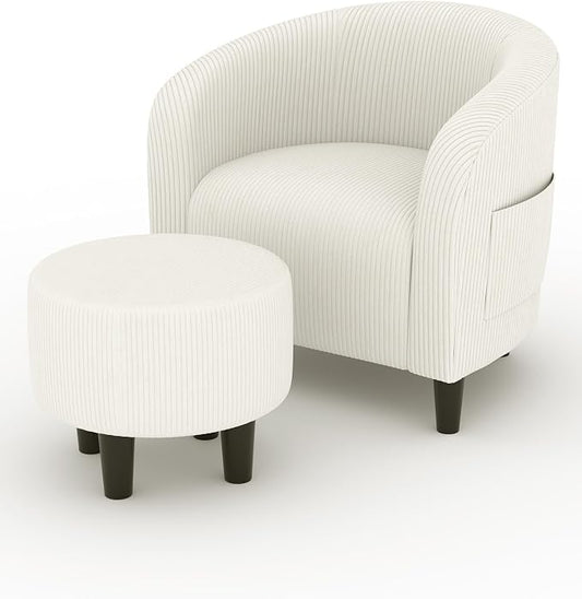 GarveeHome Accent Chair with Ottoman, Corduroy Barrel Chair for Living Room, Comfy Armchair with Footrest for Small Spaces, Reading Nook Chair, Beige